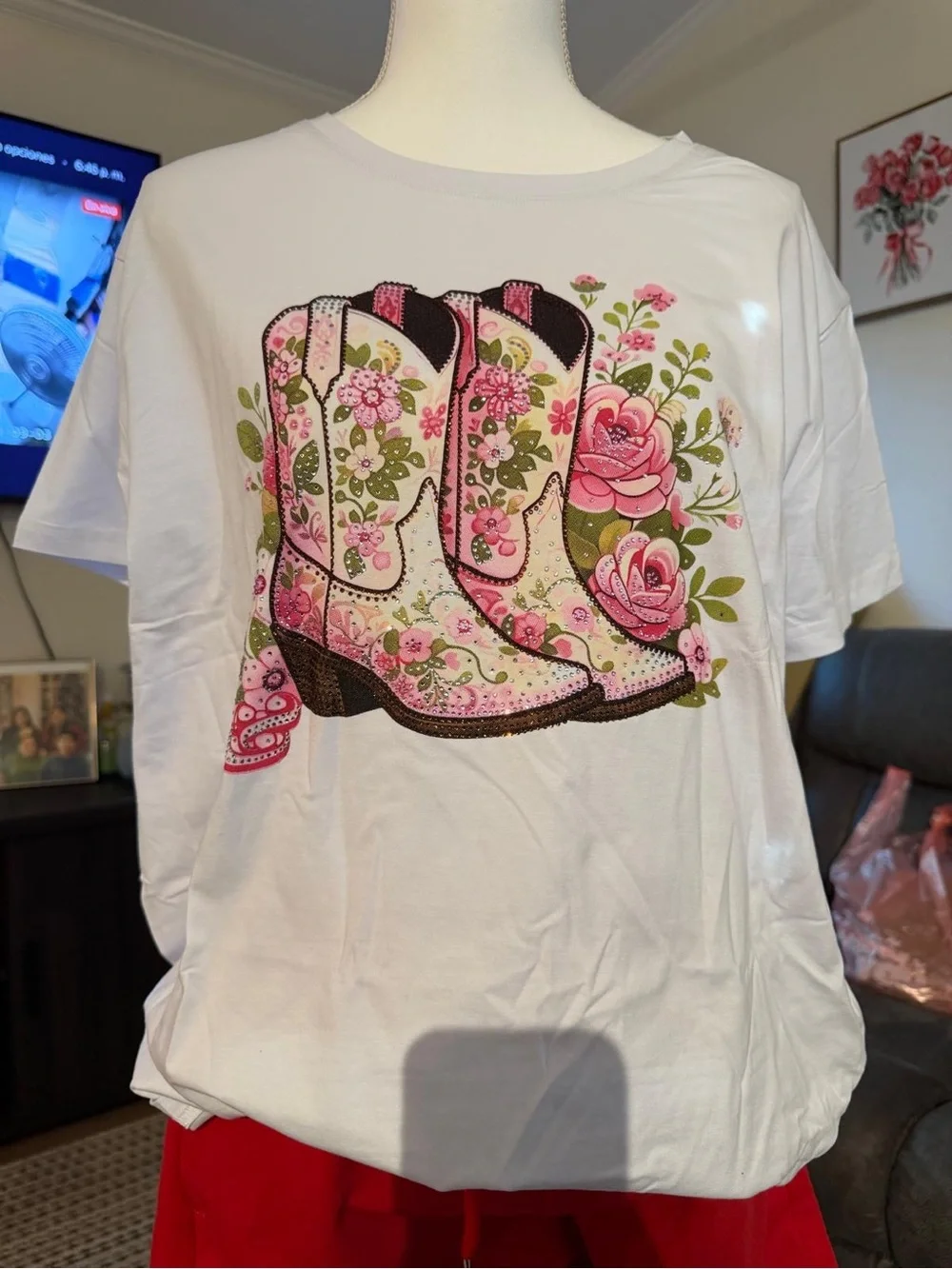 White Tee with Pink Floral Cowboy Boot Graphic - Women's Casual Top